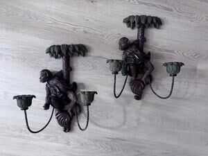 Pair of Vintage Monkey and Palm Two Candle Sconces